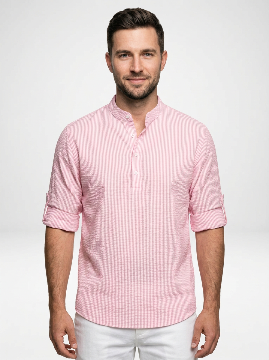 Men’s Long Sleeve Henley Stand Collar Button Shirt