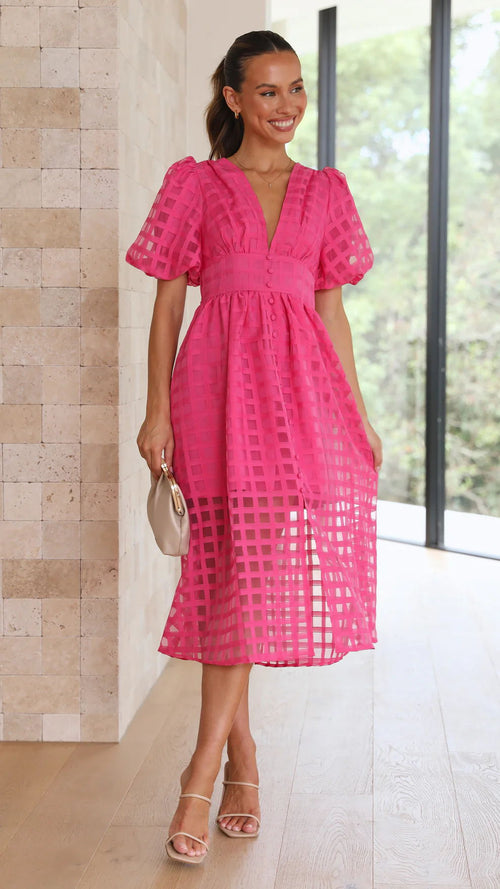 Bailey | Vestido midi con textura de cuadrícula y manga abullonada