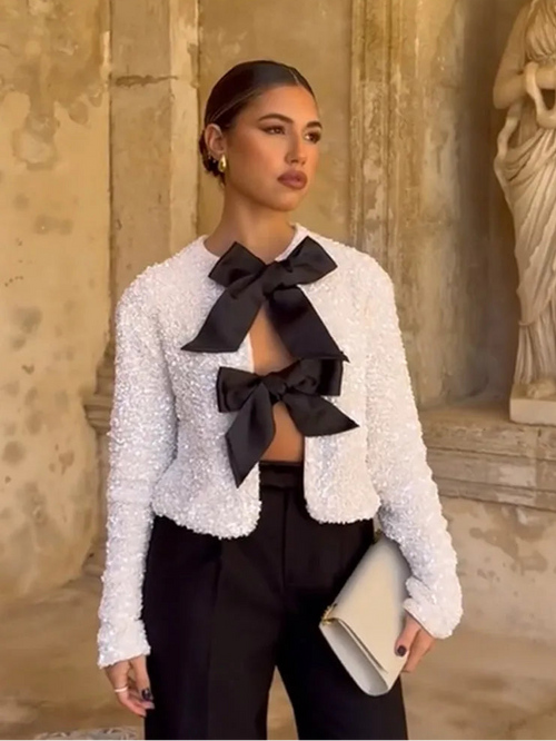 Bella | Top de lentejuelas con lazo y manga larga