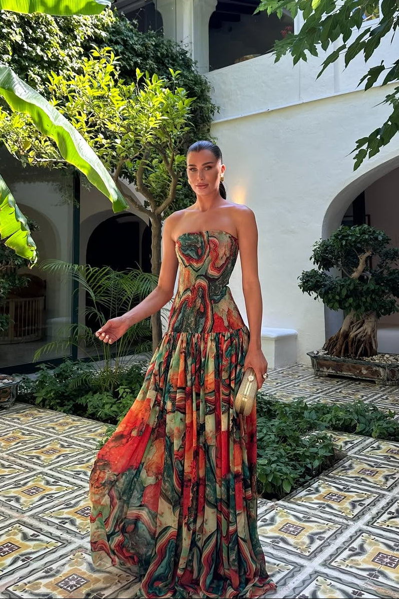 Bellamy | Vestido largo palabra de honor cruzado y plisado
