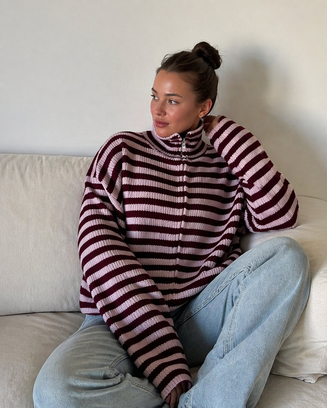 Brenna | Jersey de punto oversize de rayas anchas con cremallera