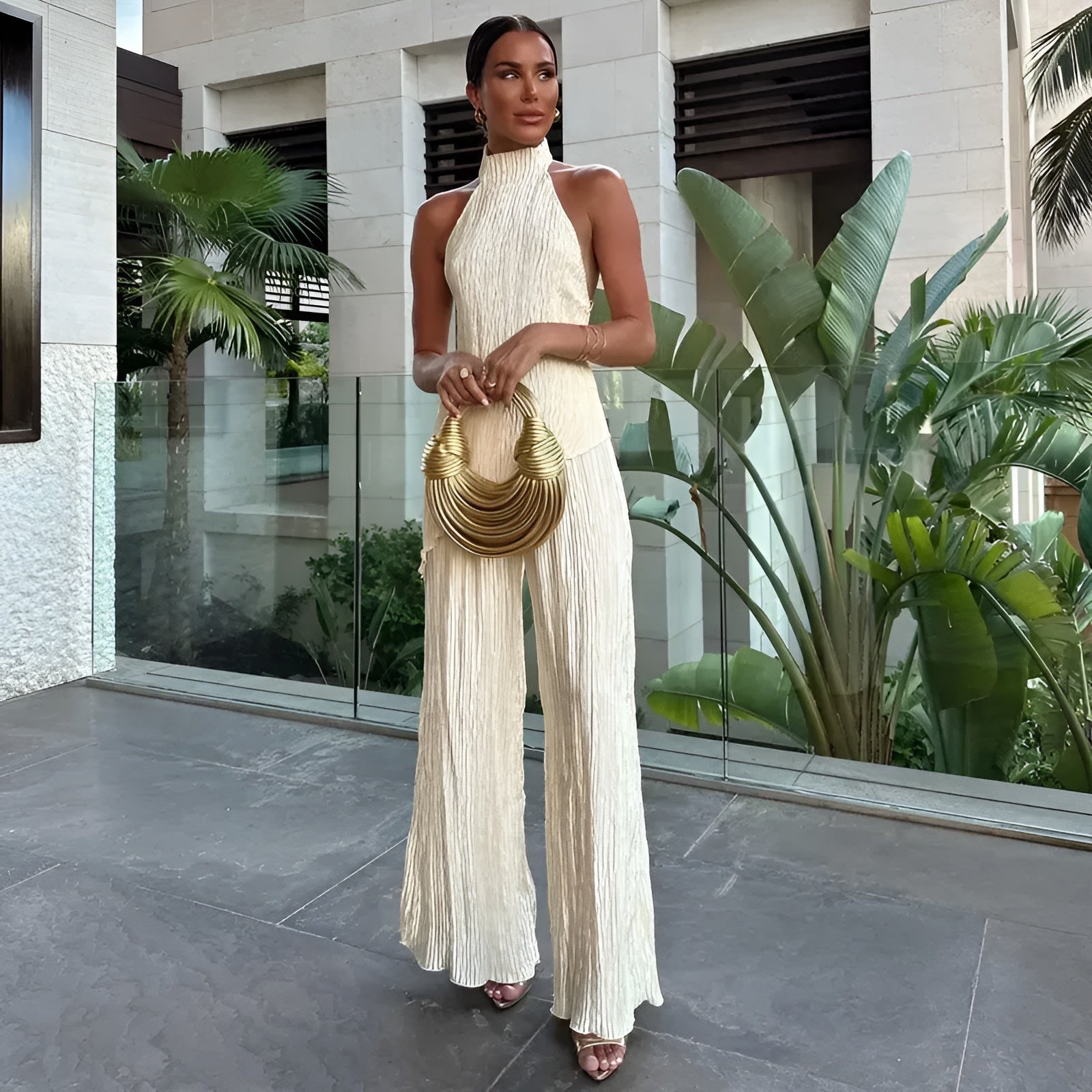 Briarlee | Conjunto plisado con top asimétrico y pantalón ancho