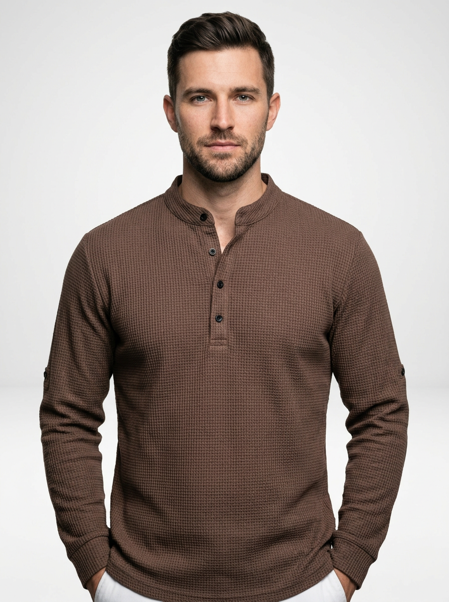 Men’s Long Sleeve Henley Stand Collar Button Shirt