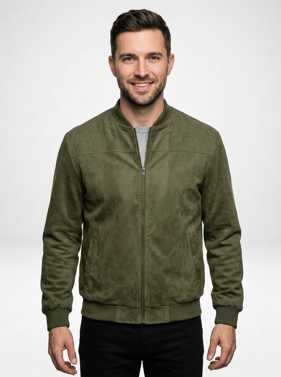 Men’s Suede Fleece Zip-Up Bomber Jacket
