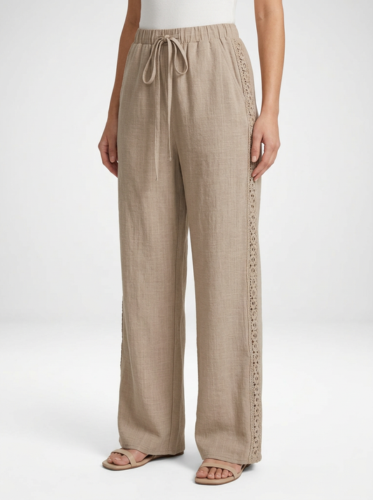 Women's Linen Blend Wide Leg Pants With Lace Hem