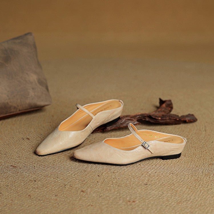 Bailarinas Mary Jane de punta afilada con suela plana de piel para mujer