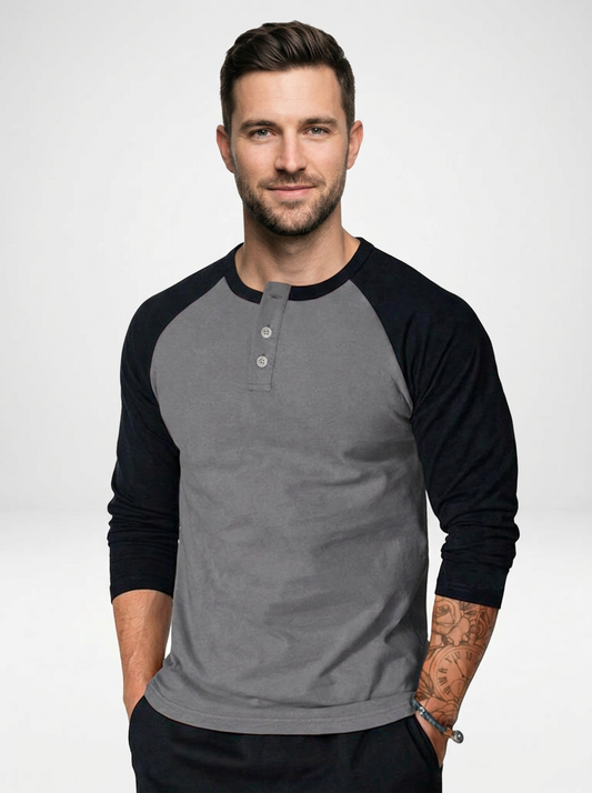 Men’s Contrast Raglan Sleeve Long Sleeve Henley Shirt