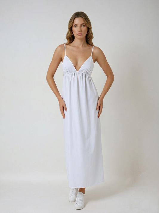 Open Back V Neck Cotton Maxi Cocktail Dress