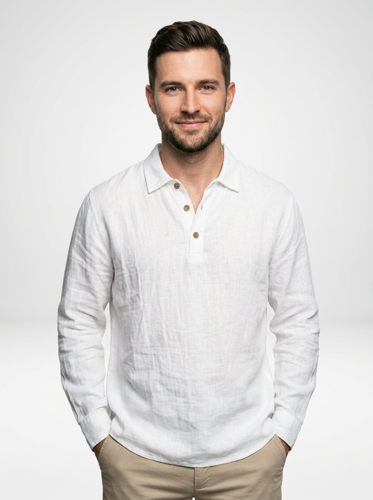 Men’s Relaxed Fit Linen Long Sleeve Polo Shirt