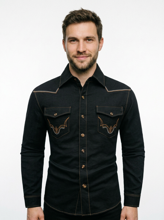 Men’s Classic Ranch Style Black Cowboy Shirt with Chest Embroidery