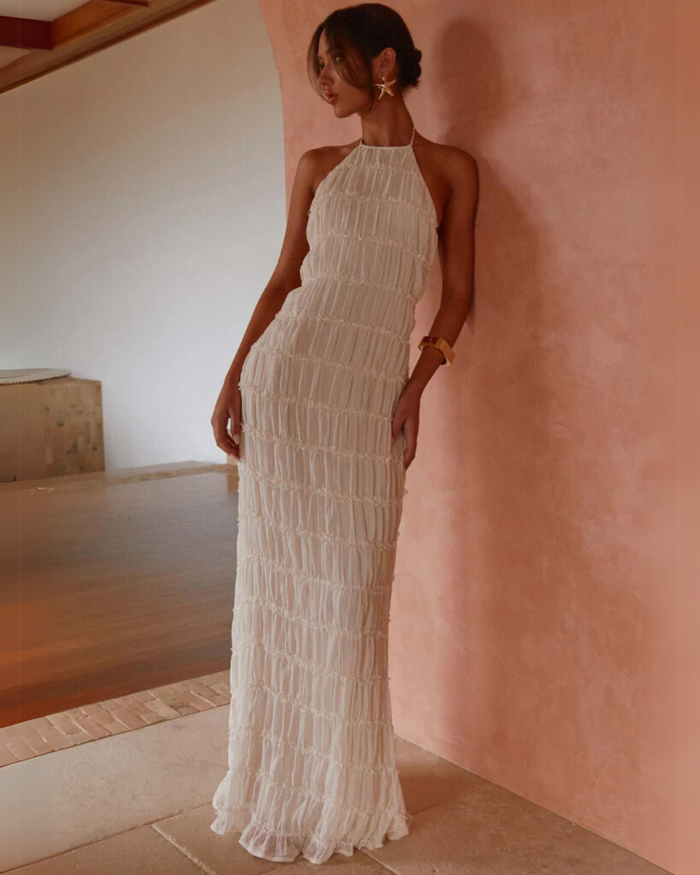 Greta | Vestido largo texturizado con espalda descubierta