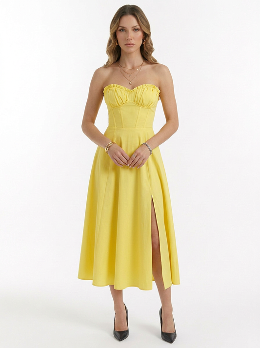 Ruched Strapless Satin Midi Dress