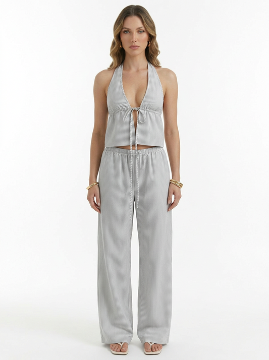 Striped Halter Top & Wide Leg Pants 2 Piece Set