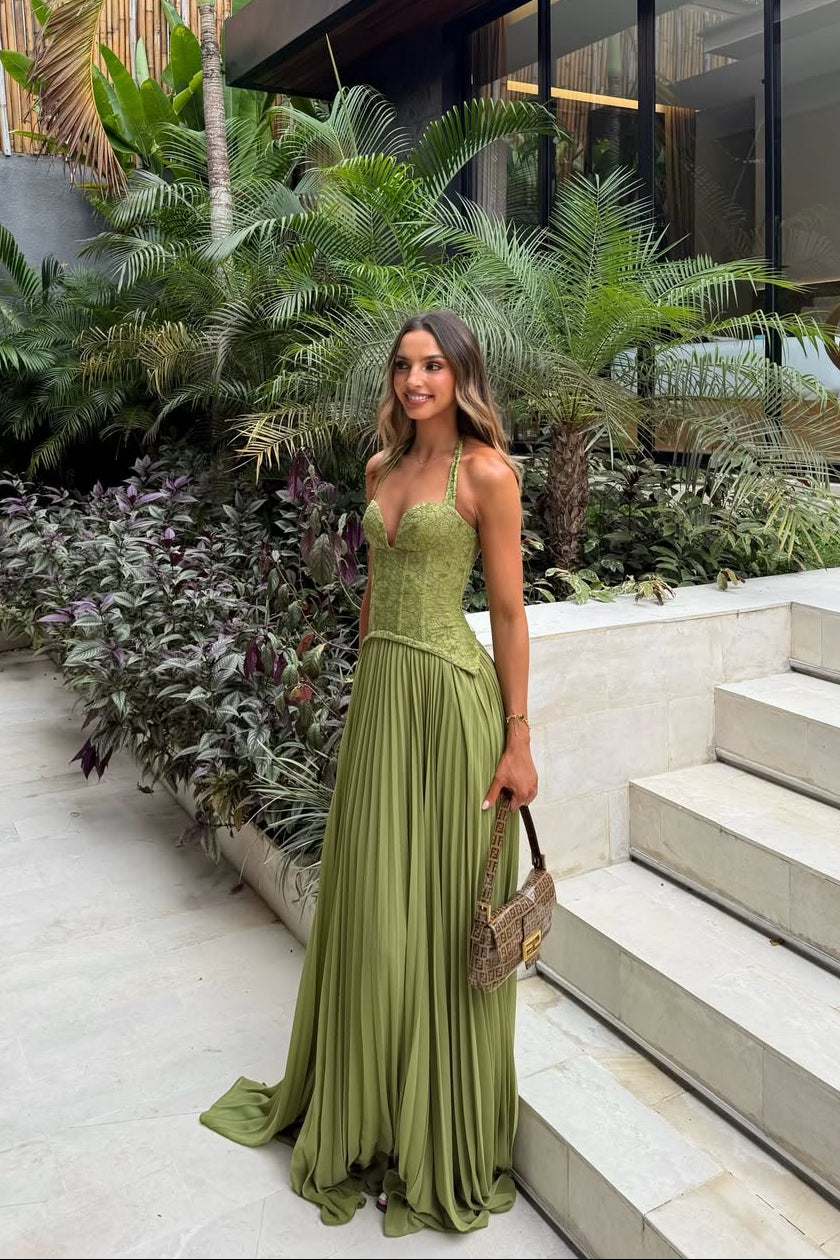 Kenley | Vestido largo plisado con corsé de encaje