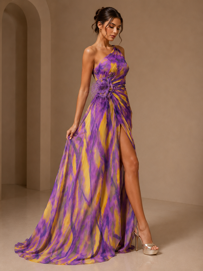 Mitchell | Vestido largo de un hombro con estampado abstracto