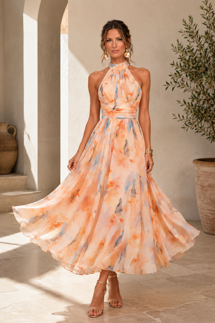 Phillipa | Vestido midi halter con estampado abstracto