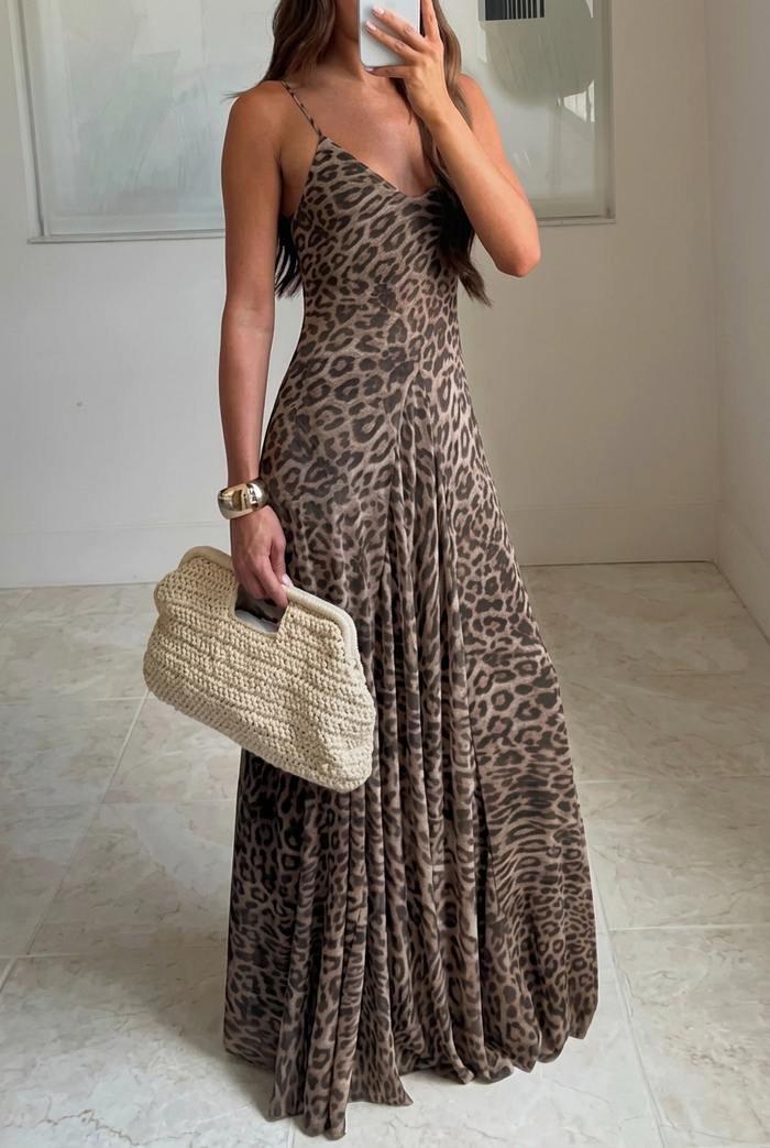 Pixie | Vestido largo de tirantes con estampado de leopardo