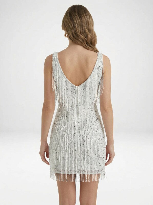 Women's Sequin Tassel V-Neck Backless Party Mini Dress