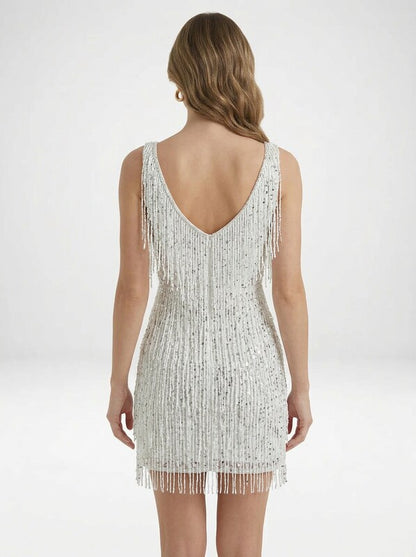 Women's Sequin Tassel V-Neck Backless Party Mini Dress