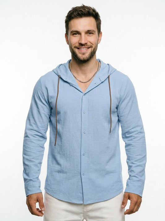 Men’s Relaxed Linen Hooded Button Up Shirt