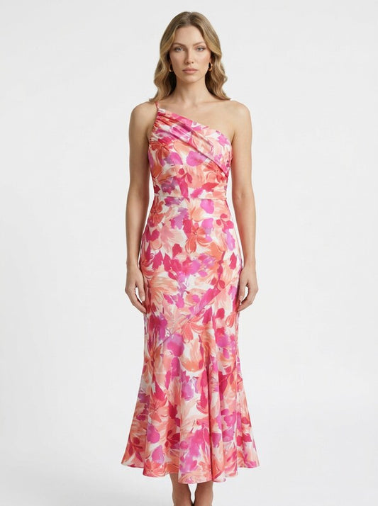 One Shoulder Floral Satin Midi Cocktail Dress