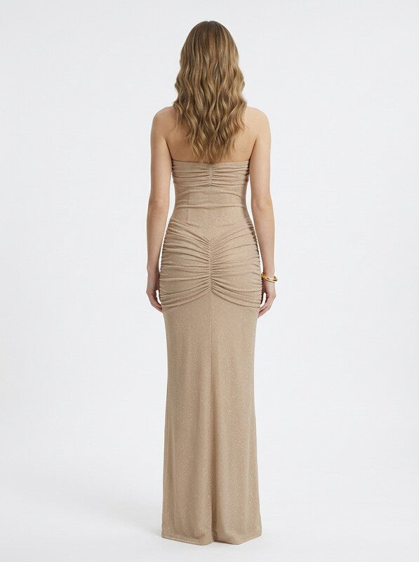 Strapless Ruched Shimmer Maxi Dress