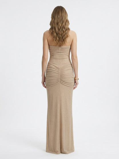 Strapless Ruched Shimmer Maxi Dress