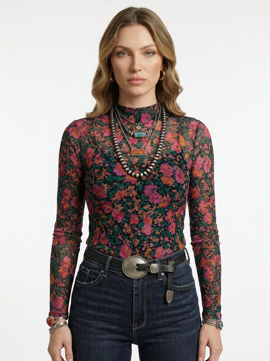 Women's Floral Print Long Sleeve Stand Collar Blouse