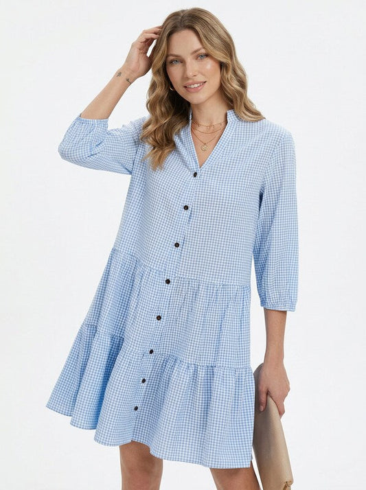 Ruffle V Neck Plaid Midi Dress