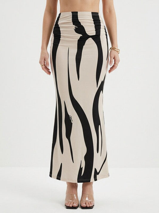 Printed Pleated Ruched Maxi Skirt