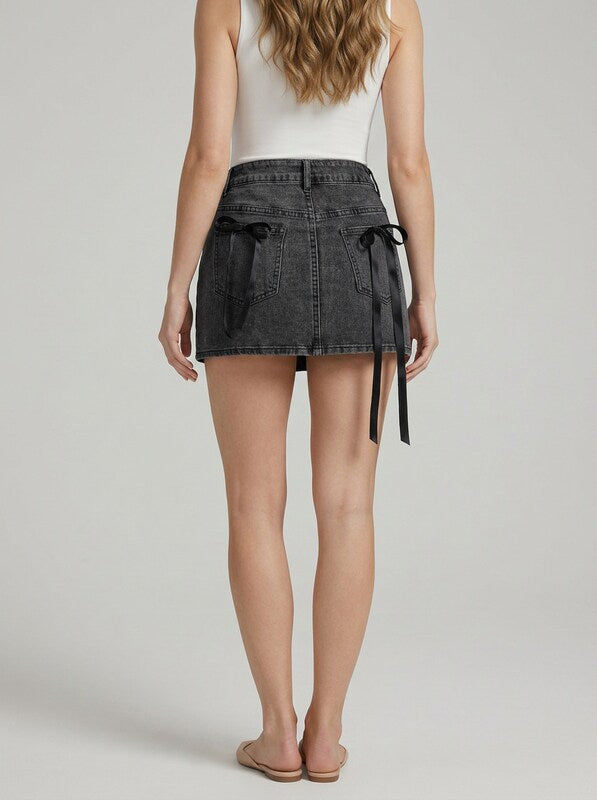Bow Decor Denim Mini Skirt