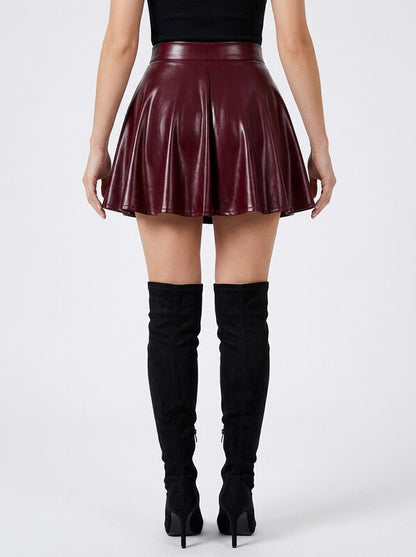 PU Leather Pleated Flare Mini Skirt