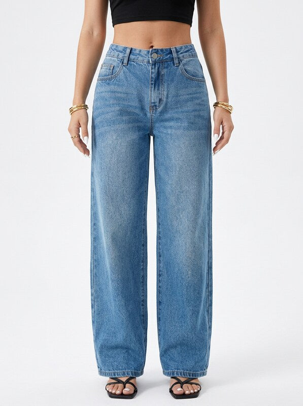 Women's Low Waist Wide Leg Blue Denim Jeans