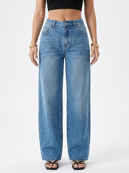 Women's Low Waist Wide Leg Blue Denim Jeans