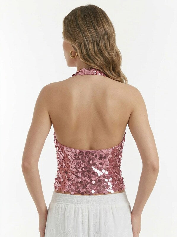 Women's Halter Backless Sequin Cropped Top