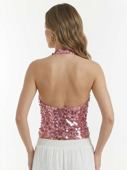 Women's Halter Backless Sequin Cropped Top
