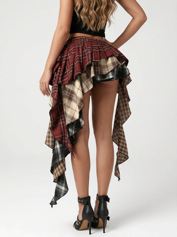 Plaid Ruffled Asymmetric Mini Skirt