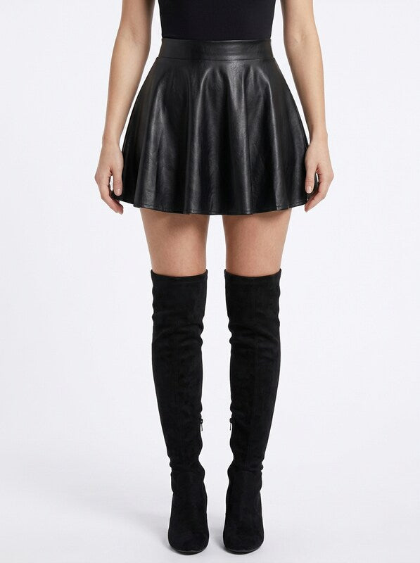 PU Leather Pleated Flare Mini Skirt