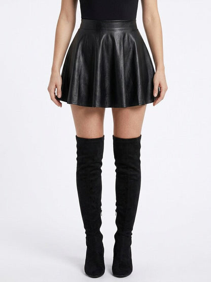 PU Leather Pleated Flare Mini Skirt