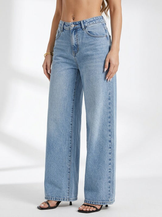 Women's Low Waist Wide Leg Blue Denim Jeans