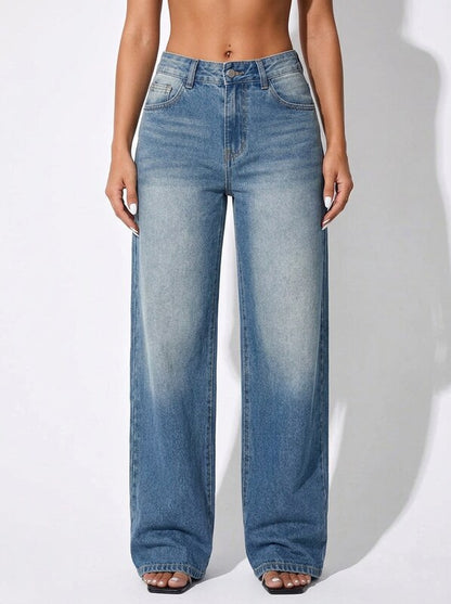 Women's Low Waist Wide Leg Blue Denim Jeans