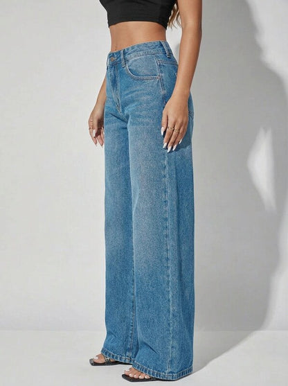 Women's Low Waist Wide Leg Blue Denim Jeans