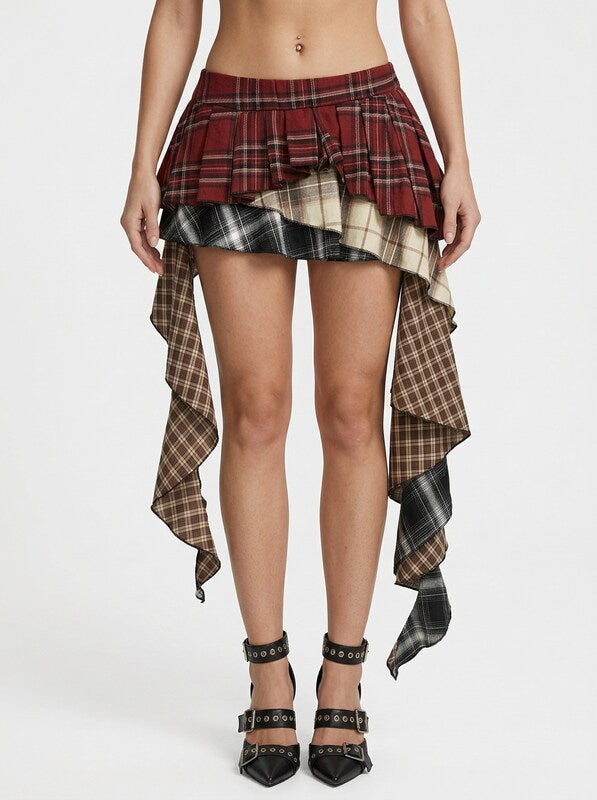Plaid Ruffled Asymmetric Mini Skirt