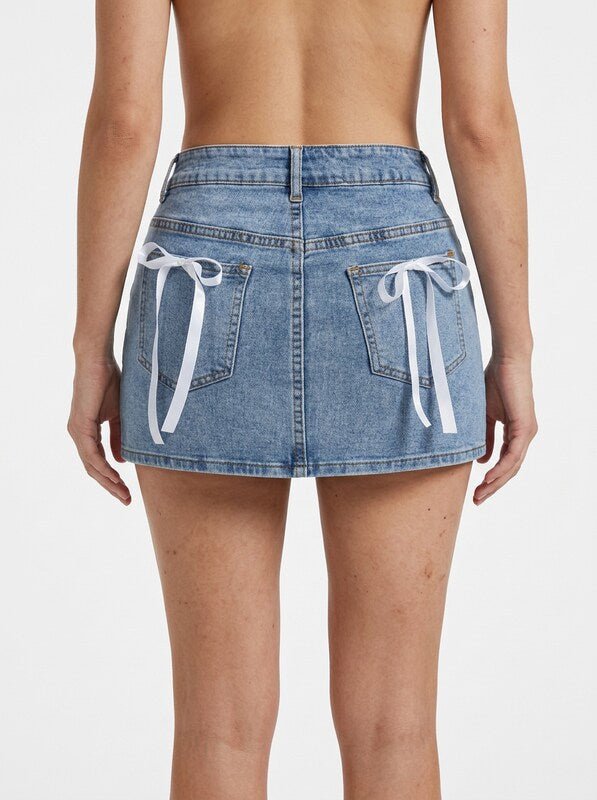 Bow Decor Denim Mini Skirt