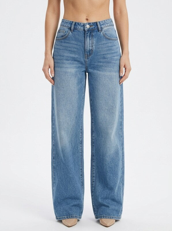 Women's Low Waist Wide Leg Blue Denim Jeans