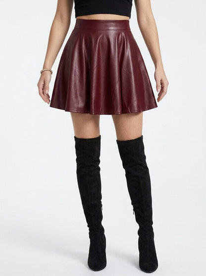 PU Leather Pleated Flare Mini Skirt