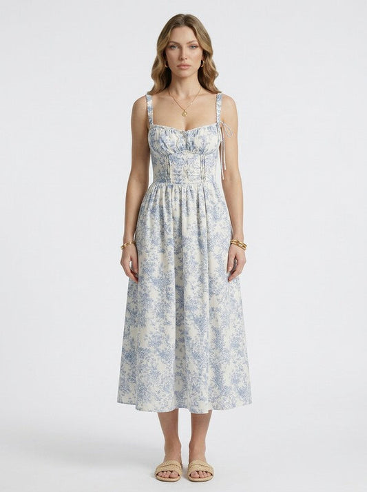 Floral Corset Tie Strap Midi Cocktail Dress
