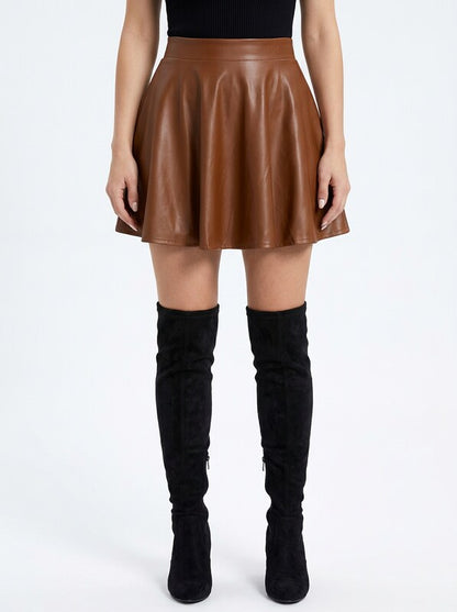 PU Leather Pleated Flare Mini Skirt
