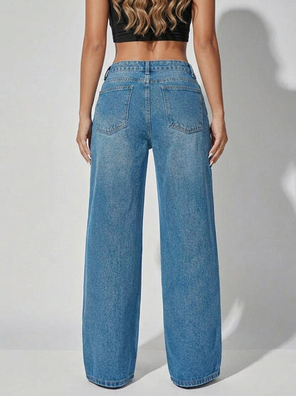 Women's Low Waist Wide Leg Blue Denim Jeans