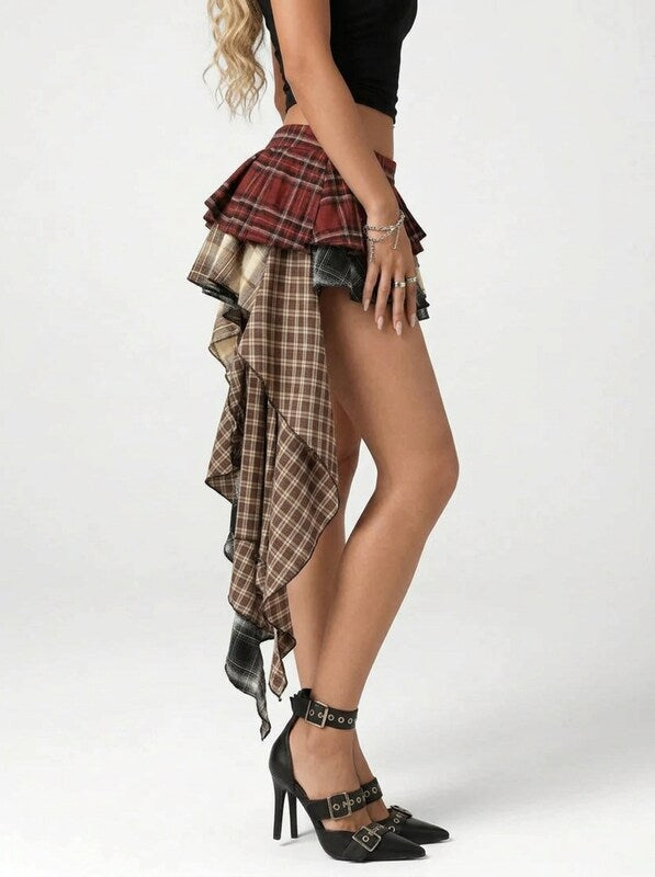 Plaid Ruffled Asymmetric Mini Skirt